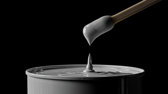 Close-up of gray paint flowing from brush into can, creating ripples. Glossy texture and black backdrop highlight motion, contrast, and tactile precision.