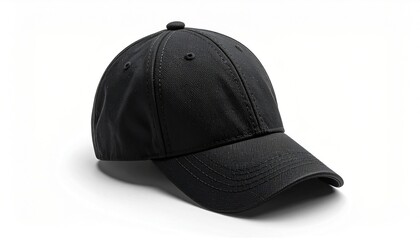 A solid black baseball cap is angled against a white background, lit from above
