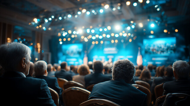 conference hall with American and Israeli flags side by side, large AIPAC banner on screen