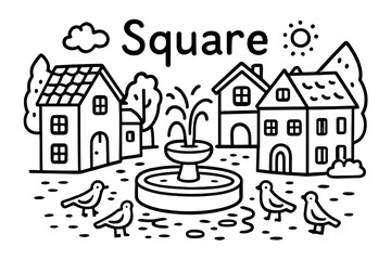 Fototapeta premium Doodle Village Square. Doodle friendly bears with forest trees, honey, and tents, center word “Bear” in black and white isolated