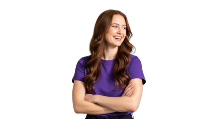 Young woman smiling with arms crossed confident and happy portrait studio shot isolated on white background