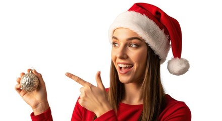Young woman wearing santa hat holding christmas ornament smiling and pointing isolated on white background