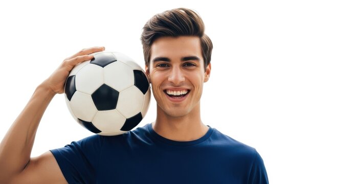 Smiling young man holding a soccer ball over his shoulder enjoying sports and recreation isolated on white background - Powered by Adobe