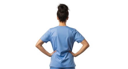Nurse in scrubs standing confidently with hands on hips facing away isolated on white background