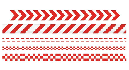 Vector illustration of set of red and white warning tape patterns, including chevron, striped, dashed, and checkered designs