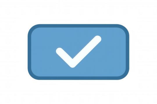 Check mark symbol on a rounded rectangular blue button, indicating approval, validation, or completion, on transparent background