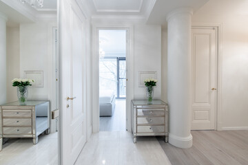 Luxury Home Entrance Hall Interior. Open Wooden White Bedroom Door, Brown Flooring. 