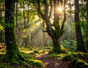 Obraz premium Sunlight streams through a moss-covered forest path, illuminating the trees