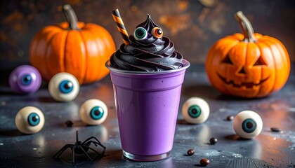 Creative Halloween monster eyeball milkshake. A spooky purple smoothie with black whipped cream, edible eyes, pumpkins, and a spider on a dark table. A festive and fun beverage for a Halloween party.
