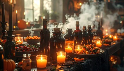 Creative Halloween images of a mysterious and enchanting banquet table. The scene is filled with glowing candles, steaming potions, delicious food, and a spooky, festive atmosphere for a party.