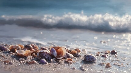 Close up view of scattered seashells on a sandy beach with a gentle ocean wave in the background