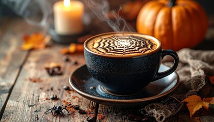 This is a creative Halloween image featuring a hot, steaming coffee with spiderweb art. The festive scene includes a pumpkin, a spider, autumn leaves, and a candle, creating a spooky and cozy vibe.