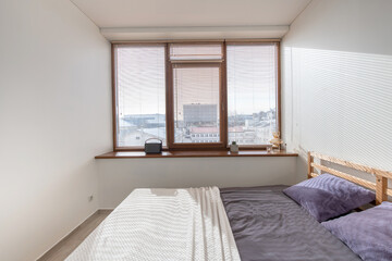 Bedroom Interior King Size Double Bed, Wooden Floor and Windows 