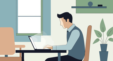 Naklejka premium Young Professional at Home Office Desk, Digital Lifestyle Illustration, Modern Interior Space, Focused Environment