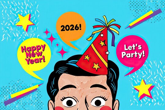 Pop art comic person in a party hat celebrating the new year with festive speech bubbles