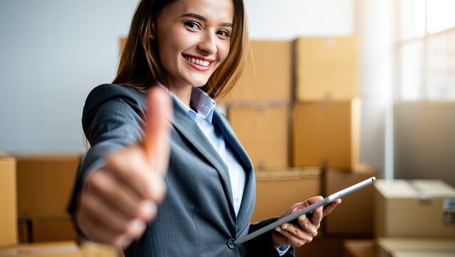 Happy businesswoman giving thumbs up with tablet in modern warehouse
