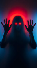 Ghostly woman figure with glowing red eyes on neon background. Scary blurred silhouette with hands pressing against a surface. Spooky Halloween costume vertical template poster with copy space.