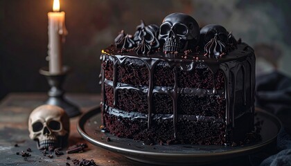 Creative Halloween image of a spooky gothic chocolate cake decorated with black skulls. Dark and moody dessert for an autumn party, with a candle providing an eerie light. A delicious food concept.