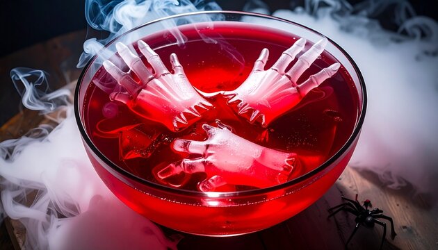 A creative Halloween image of a spooky red punch bowl with skeleton hand ice cubes, surrounded by eerie smoke. A scary spider decoration adds to the festive, creepy party atmosphere concept. - Powered by Adobe