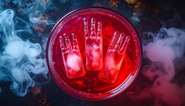 Creative Halloween image of a spooky red cocktail with hand-shaped ice cubes floating inside, seen from a top-down view with mysterious blue and red smoke on a dark background. Themed beverage. - Powered by Adobe