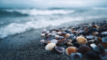 A close up view of colorful seashells scattered on a sandy shore with the ocean waves blurred in the background