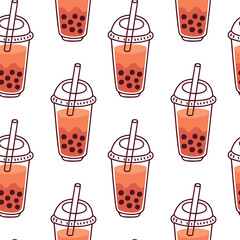 Seamless repeating pattern of red bubble tea drinks with tapioca pearls. Fun sweet beverage design for textiles and decoration.