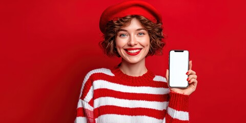 Smiling woman holding smartphone with blank screen. Mockup for application presentation