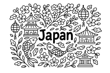 Obraz premium Sakura Doodle Japan. Doodle japanese sakura with temples, lanterns, and koi fish, center word “Japan” in black and white isolated
