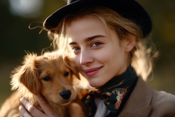 Smiling woman in a hat holding a golden retriever puppy in warm outdoor light; ideal for lifestyle ads, pet care brands or autumn social media.
