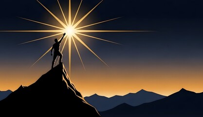 Silhouette On Mountain With Radiant Light ,Silhouette On Mountain Peak Reaching Toward Radiant Light