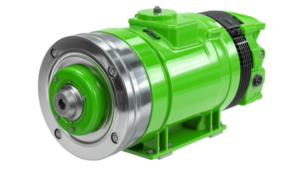 A green plumbing motor isolated on a white background, shown as a transparent png style image with industrial mechanical design details.