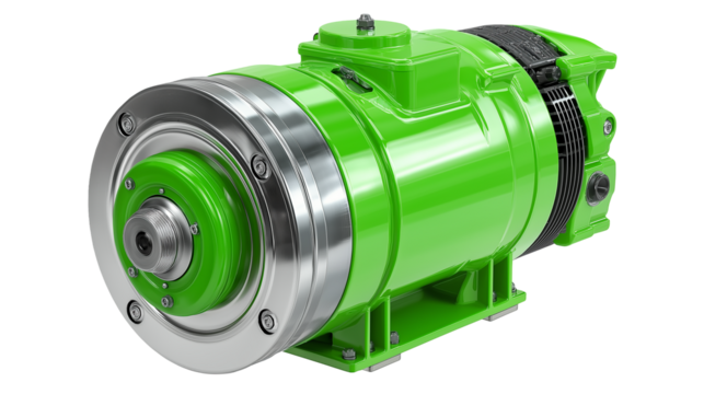 A green plumbing motor isolated on a white background, shown as a transparent png style image with industrial mechanical design details.