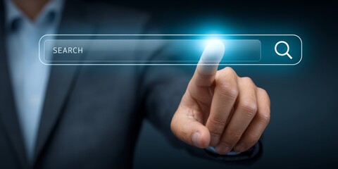 Businessman touching virtual search bar with glowing blue light, concept of online search engine optimization, digital marketing, internet browsing and futuristic web technology

