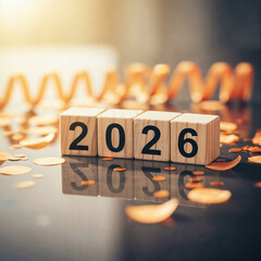 Wooden blocks displaying the year 2026 with festive decorations and soft bokeh lighting