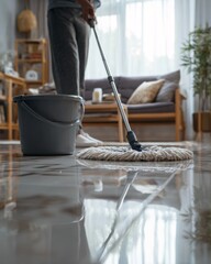 Person cleaning shiny tiled floor with mop and bucket in modern living room, home hygiene and housekeeping concept with sunlight reflection and cozy interior background
