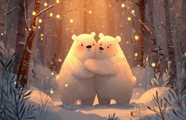 Cute polar bears hugging in winter forest