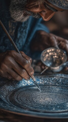 Craftsman engraving intricate designs on metal plate