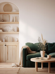 Warm minimalist living room with green velvet sofa, natural wooden shelves, and cozy neutral decor — perfect for interior design inspiration, home styling visuals, and lifestyle editorials, staging
