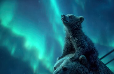 Bear cub watching aurora borealis on mother's back