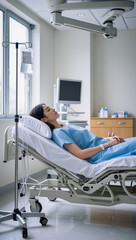 Asian woman lying on the hospital bed for admitting, Hospitalization concept, medical room care