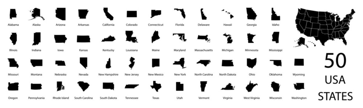usa states map set with all 50 state silhouettes, vector illustrations, american geography and cartography