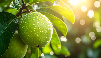 Ripe guava fruit with water droplets, lush green leaves, sunlight shining, natural garden fruit tree