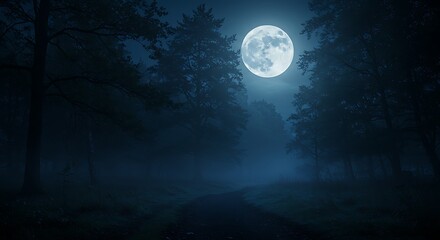 Full Moon Illuminating a Misty Forest Path at Night