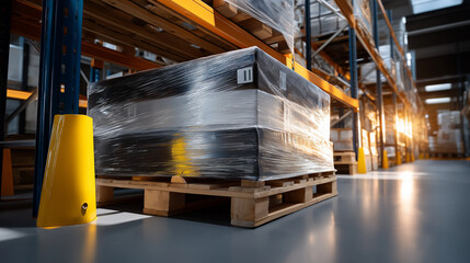 Side view of shrink-wrapped pallet placed between tall steel shelves, soft reflections from smooth wrap surface, organized background, with copy space.