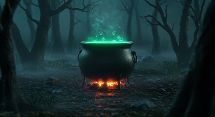 Glowing cauldron in a dark misty forest fire green