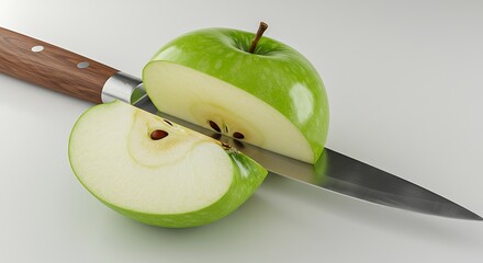 Green Apple Sliced In Half With A Knife On White Background