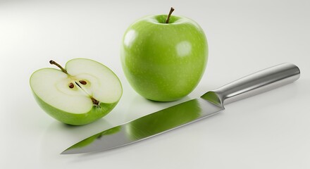 Green Apple Halved with a Silver Knife on White fruit