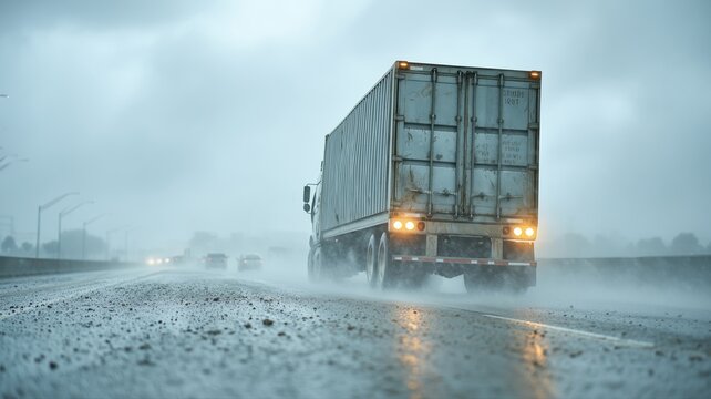 truck driving in heavy rain on a highway
