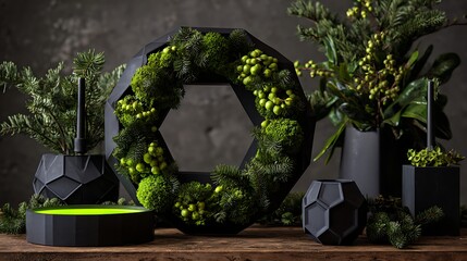 Modern geometric christmas wreath with green moss and plants on wooden table