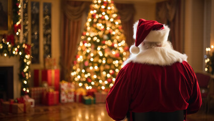 Santa Claus from behind stands in a cozy living room filled with golden light, admiring a beautifully decorated Christmas tree surrounded by wrapped gifts and soft festive sparkle